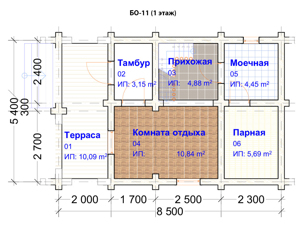 Проект бани БО-11 (5.5х8.5м), площадью 48м² из бревна 240мм